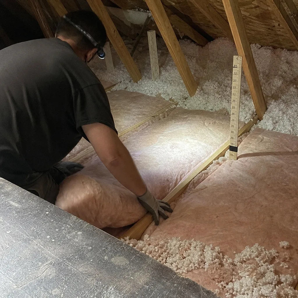 Technician installing pink fiberglass batt insulation in an attic