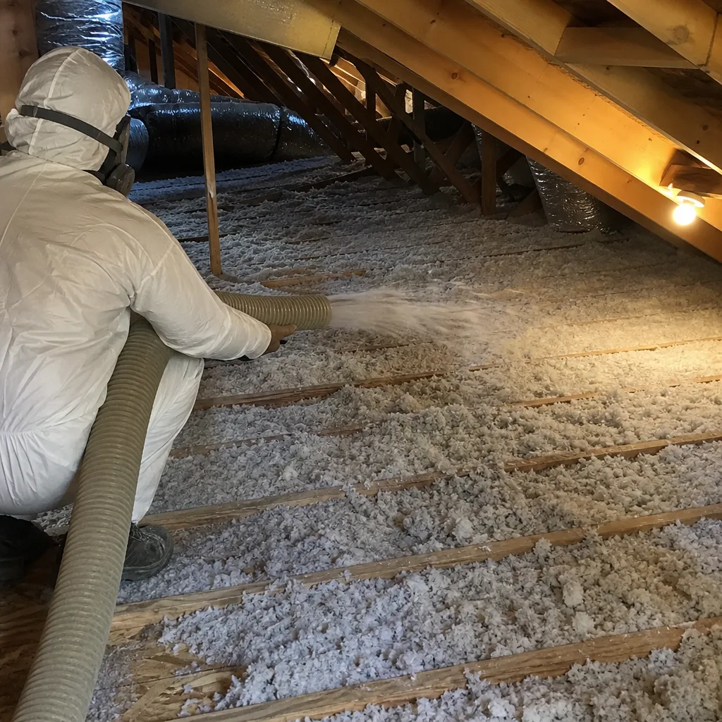 Professional contractor installing blown-in attic insulation with hose