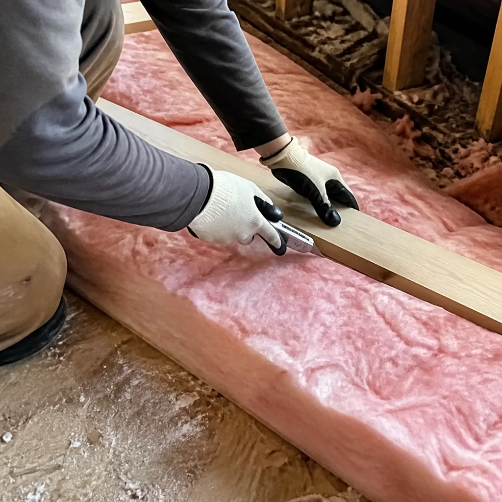 Worker cutting pink fiberglass attic insulation with a utility knife