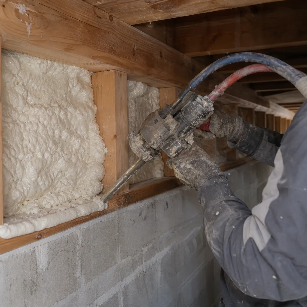 Professional applying spray foam insulation between wall studs
