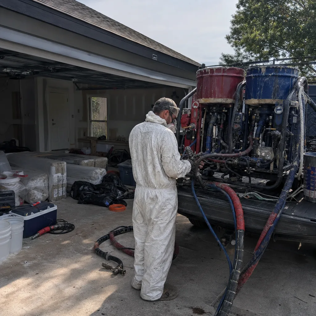 Contractor applying spray foam insulation from a professional equipment setup