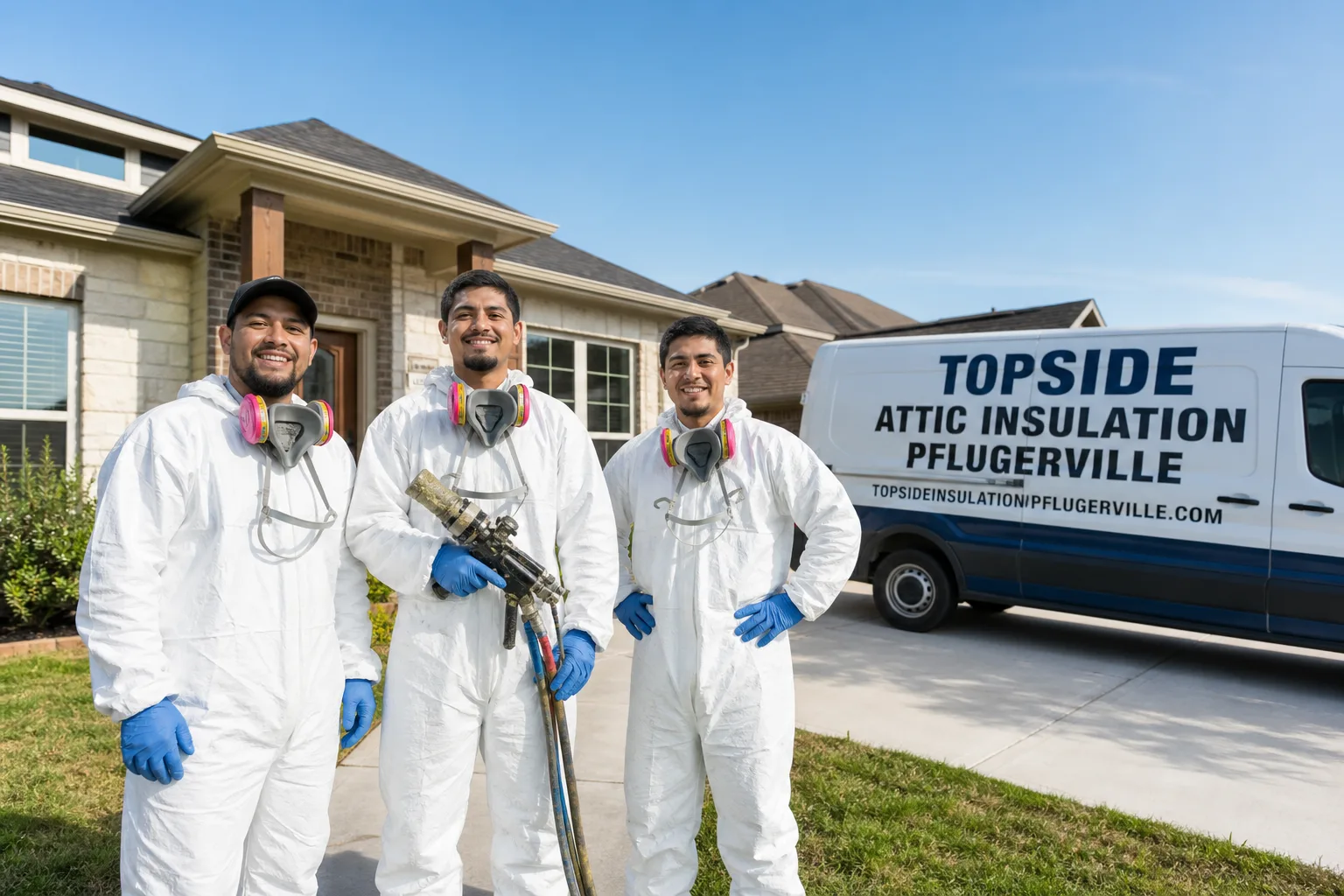 Topside Attic Insulation Pflugerville insulation service vehicle and crew in Pflugerville, TX